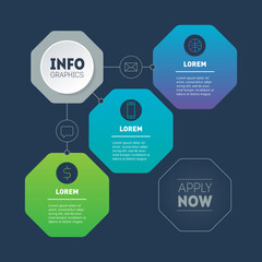 Part of the report with icons set. Diagram. Template of chart or presentation consisting of three octagons. Infographic of technological or education process of three parts. Vector illustration.