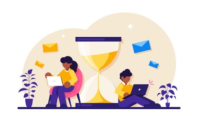 Man working with laptop cartoon character. Freelancer using computer. Businesspeople following time table near hour glass. Freelance business, remote job, distant work. Time managementt. Home office