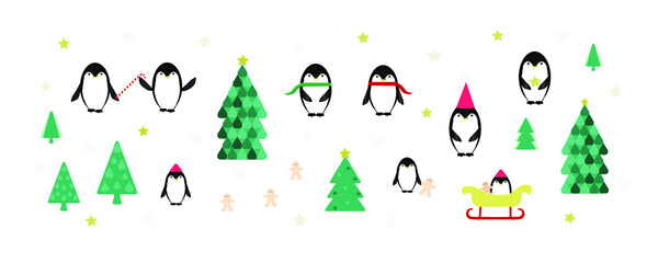 Penguin gingerbread cookie and Christmas decoration set vector