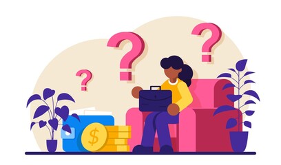 Sad woman concerned about financial problem. Money need and unpaid loan debts. Character, question mark, wallet with cash. Modern flat illustration.