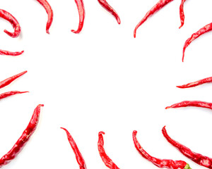 Dried chili peppers isolated on white background top and bottom arrangement. Flat layout