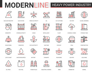 Heavy power industry flat thin red black line icon vector illustration set with outline infographic industrial manufacturing symbols of metallurgy, chemical plant and factory, electricity production