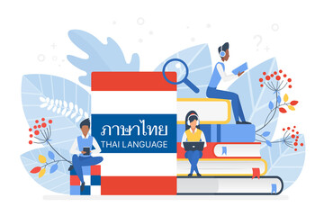 Fototapeta na wymiar People learning Thai language vector illustration. Thailand distance education, online learning courses concept. Students reading books cartoon characters. Teaching foreign languages