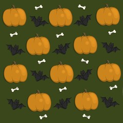Illustration of a Halloween pumpkin batsman bones pattern