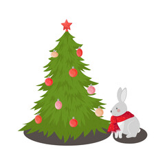 New year cartoon illustration. Funny scene with a rabbit wearing a scarf and a Christmas tree with balls.