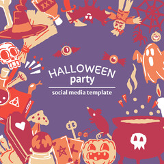 Halloween party set of magic elements. Magic hat, bat, skull, candle, pumpkin, magic ball, playing cards, ghost, snake, mushroom, poison,, knife, web, spider, eye, bone, magic book,, candle