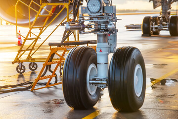 One of the front landing gear under the fuselage of the aircraft.