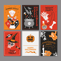 Fototapeta na wymiar Halloween party promo sale social media banner template with magic elements. Cauldron with potion, magic hat, bat, skull, candle, pumpkin, magic ball, cards, ghost. Poster, banner, special offer.