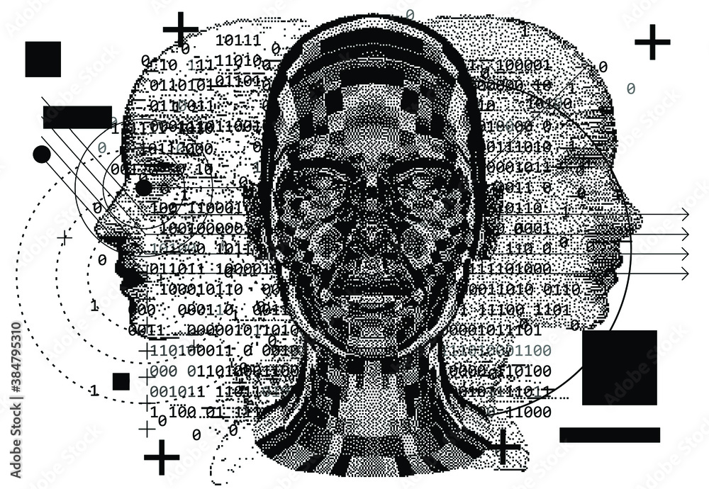Aufkleber Abstract technology illustration with low poly 3d face mask. Conceptual cover for Artificial intelligence, Facial recognition and Neural Network subjects.