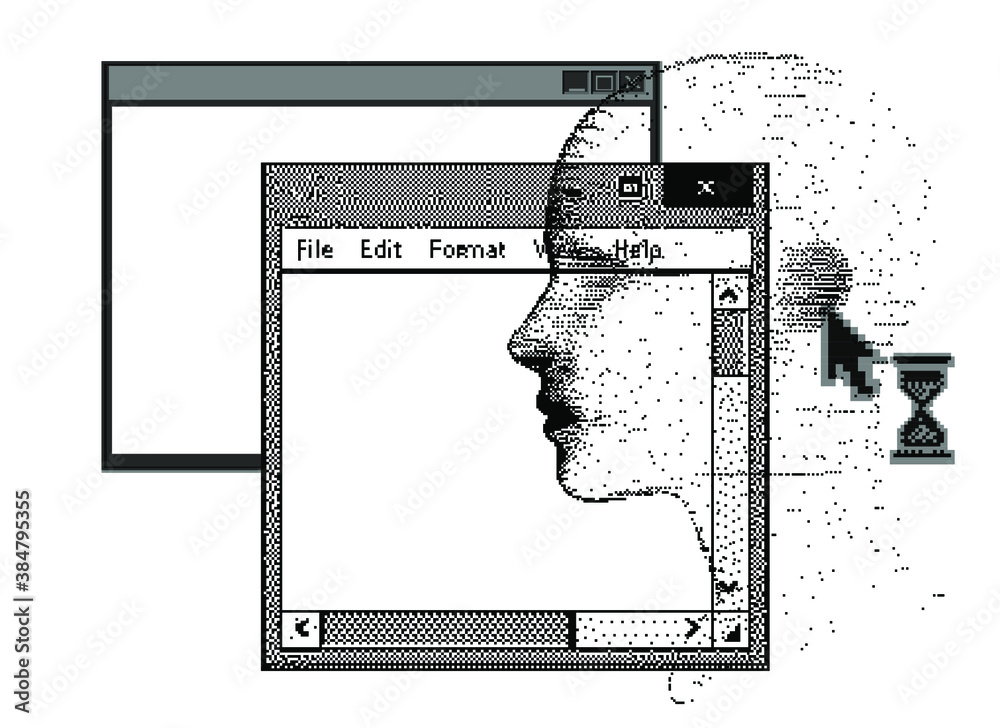 Poster artificial intelligence and psychological profiling concept. human head with glitched pixels, distor