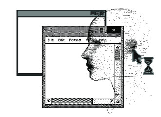 Artificial intelligence and Psychological profiling concept. Human head with glitched pixels, distorted profile of a woman made of square particles.