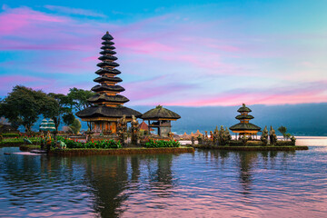 Pura Ulun Danu Bratan temple in sunrise sky at Bali island, The most famous tourist attraction in Indonesia.