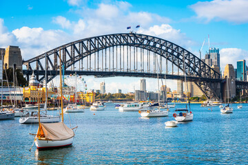 Naklejka premium Sydney harbour bridge, Panorama view of Sydney city skyline with Sydney harbour bridge north shore in Australia