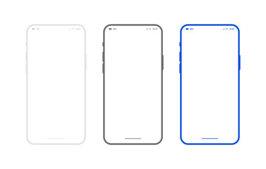 Flat smartphone mockup set white, black and blue colors. Generic mobile phone in front view and empty screen for app design or web site presentation. Outline vector device frame in front side view.