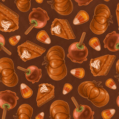 Seamless texture on the theme of halloween, includes elements of pumpkin, pie, caramel apple, candy corn. Autumn wallpaper illustration.