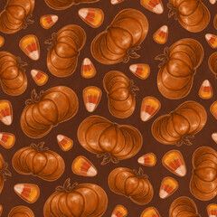 Seamless texture theme of halloween, elements of pumpkin and candy corn. Autumn wallpaper illustration on brown background.