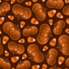 Seamless texture theme of halloween, elements of pumpkin and candy corn. Autumn wallpaper illustration on red background.