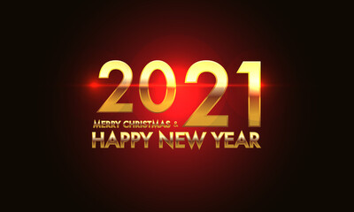 Merry Christmas & Happy New Year 2021 gold number and text on red light effect black background design for holiday festival celebration count down vector illustration.