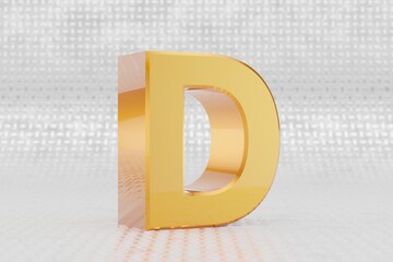 Yellow 3d letter D uppercase. Glossy yellow metallic letter on metal floor background. Shiny gold metal alphabet with studio light reflections. 3d rendered font character.