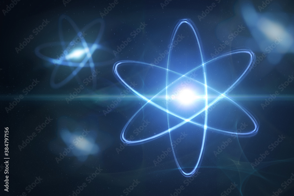 Wall mural model of atom and elementary particles. physics concept. 3d rendered illustration.