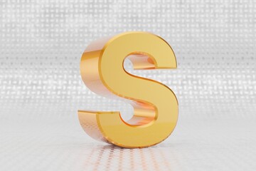 Yellow 3d letter S uppercase. Glossy yellow metallic letter on metal floor background. Shiny gold metal alphabet with studio light reflections. 3d rendered font character.