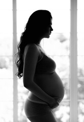 beautiful young pregnant woman, black and white photo