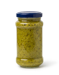 basil pesto sauce in glass jar