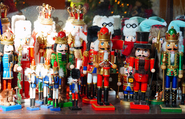 Wooden toy soldiers, nutcrackers and Christmas decorations