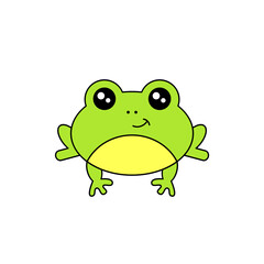 Cute frog smiling. Kawaii style frog drawing. Baby frog looking curious. Funny minimalistic cartoon character. Isolated on white background. Simple kids drawing. Vector illustration, flat, clip art