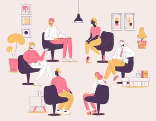 Group therapy session. Concept illustration with various people sitting in psychotherapy circle and one therapists working with several patients