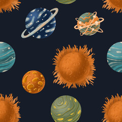 Space raster seamless pattern. Illustration with planets and sun  can be used for wallpapers, pattern fills, web page backgrounds,surface textures. 