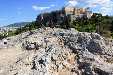 View of Acropolis hill from Areopagus hill in Athens, Greece, October 9 2020.