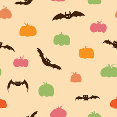 Seamless pattern for Halloween, All Hallows 'Eve,All Saints' Eve. Endless background with multicolored hand drawn pumpkins and bats. Simple bright wallpaper.Vector illustration