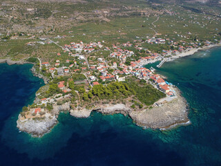 Aerial view of Aghios Nikolaos fish village and harbor in Mani, Greece