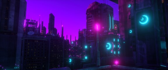 Purple neon night in a cyberpunk city. Futuristic cityscape against deep purple sky. City of a future with bright neon lights. Grunge urban wallpaper. 3D illustration.	