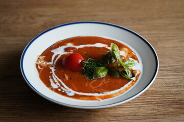 fresh cooking at home, tomato soup with basil