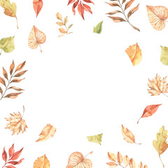 Watercolor Autumn frame with fall leaves. Illustration with maple leaf, orange leaves and branches. Perfect for invitations, greeting posters, prints, social media