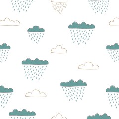 Cute Cloud seamless Pattern. Scandinavian Hand Drawn Style. Rainy Day.