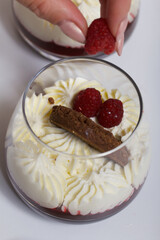 A woman makes a dessert of cream cheese with raspberry jelly. The ingredients are laid out on the table surface. Decorated with cookies, raspberries and mint.