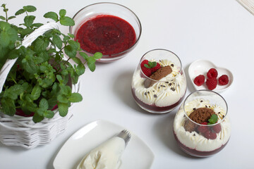 Cooking cream cheese dessert with raspberry jelly. The ingredients are laid out on the table surface. Decorated with cookies, raspberries and mint.