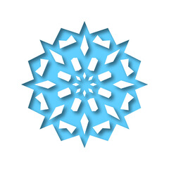 Vector blue snowflake in papercut style with inner shadow. Element for use in decorating illustrations.