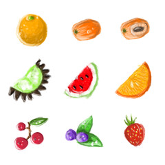 Set of fruits and berries. Hand drawn icons of juicy food with vitamins. Watermelon, orange, strawberry ans raspberry