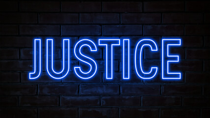 Fototapeta na wymiar Justice - blue neon light word on brick wall background