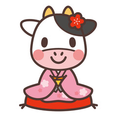 座布団に座っている着物の牛のキャラクター（振袖）