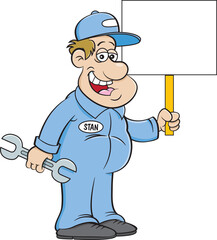 Cartoon illustration of an auto mechanic holding a large wrench and a sign.