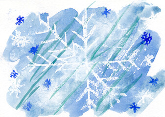 Watercolor drawings of snowflake. Winter background