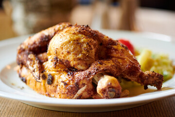 gegrilltes halben Hähnchen Huhn mit Kartoffelsalat als Beilage im Biergarten Oktoberfest