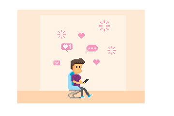 A young man sits in a chair and reads messages on a smartphone. Pixel art. Old school computer graphic. 8 bit video game. Game assets 8-bit sprite. 16-bit.