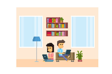 A young people works with a laptop. Pixel art icon. Old school computer graphic. 8 bit video game.