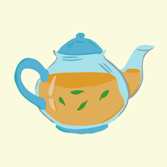 Isolated blue teapot with tea and leaves in cartoon style . Vector illustration